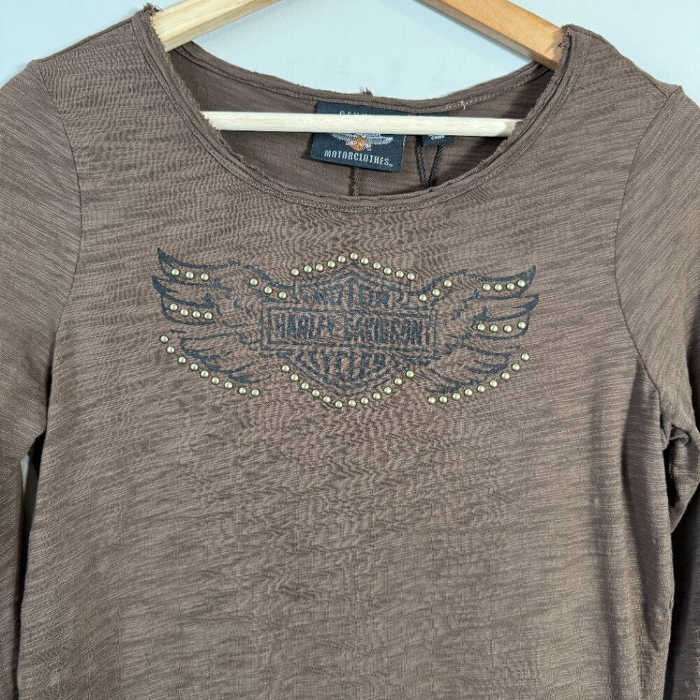 Harley-Davidson Studded Logo Split Back Knit Top Womens XS Brown Biker Retro NWT - Picture 4 of 13
